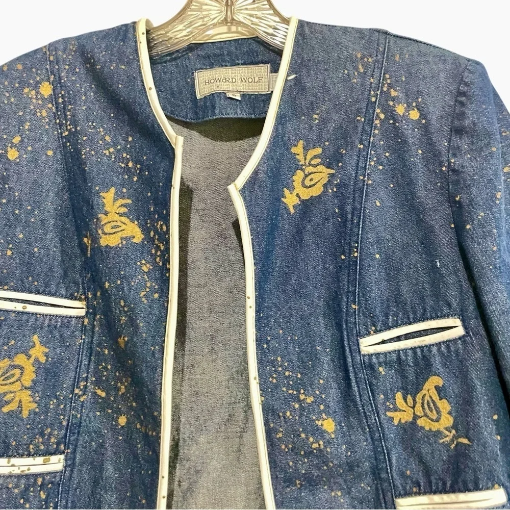Howard Wolf Vtg Denim Cropped Blazer Jacket Gold Paint Splatter Floral Size 8 - Picture 5 of 9